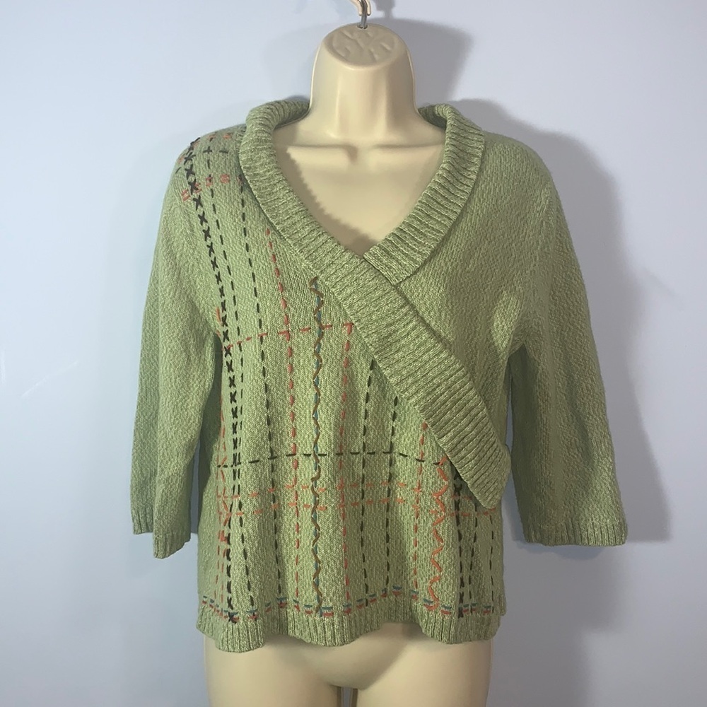 Christopher & banks sweater 3/4 sleeve hand embroidered light green crossover L
